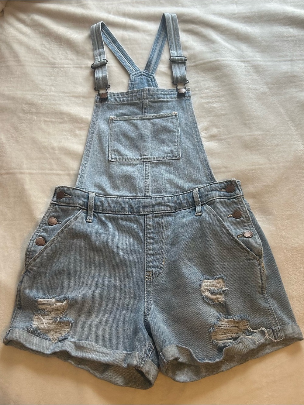 Hollister Light Blue Denim Short Overalls with Front and Side Pockets